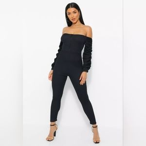 OFF THE SHOULDER ZIP UP UNITARD JUMPSUIT